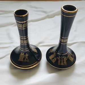 Set Of 2 Spyropoulos Greek Greece 24K Gold Plated Black Floral Bud Vases